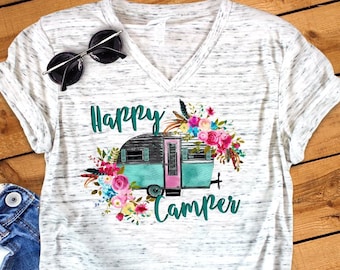 Happy Camper Camping RV Floral Watercolor Unisex V Neck Graphic Tee T-Shirt