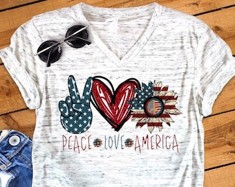Peace Love America 4th July USA Americana American Pride  Unisex V Neck T-Shirt