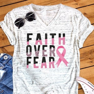 Faith Over Fear Breast Cancer Awareness Ribbon  Unisex V Neck T-Shirt