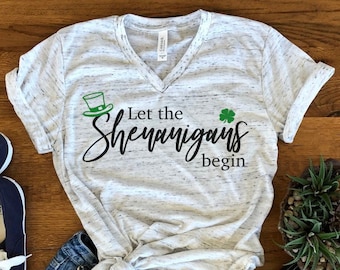 Let The Shenanigans Begin Clover Shamrock St Patrick's Day Fun Unisex V Neck Graphic Tee T-Shirt
