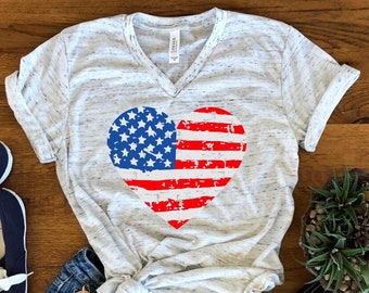 Patriotic Peace Heart 4th July America Americana American Pride  Unisex V Neck T-Shirt