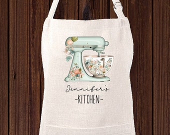 Personalized Linen Apron, Custom Kitchen Cooking Apron Floral Mixer, Baker Gift Set Personalized Apron, Gifts for Mom, Grandma's Kitchen