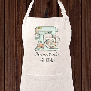 Personalized Linen Apron, Custom Kitchen Cooking Apron Floral Mixer, Baker Gift Set Personalized Apron, Gifts for Mom, Grandma&#39;s Kitchen