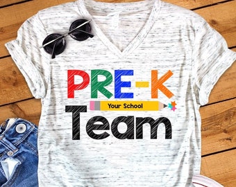 Pre K Team Back To School Preschool Pre Kindergarten Teacher Novelty Graphic Unisex V Neck Graphic Tee T-Shirt