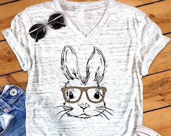 Bunny Rabbit With Leopard Print Glasses T-shirt Unisex V Neck Graphic Tee T-Shirt