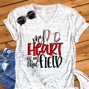 My Heart Is On The Field Baseball Mom Unisex V Neck Graphic Tee T-Shirt