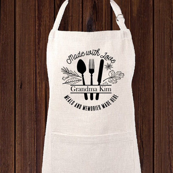 Personalized Made With Love Linen Apron, Custom Kitchen Cooking Apron Grandma Gigi Gift Personalized Apron, Gifts for Mom, Mimi's Kitchen