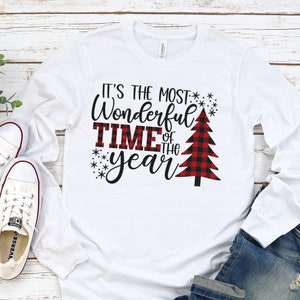 It's The Most Wonderful Time Of The Year Buffalo Plaid Christmas Tree Grey Adult Kids Toddler Long Sleeve Shirt