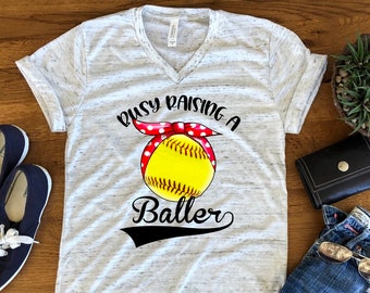 Busy Raising Baller Ballers Softball Mom with Bandanna  Marble Unisex V Neck T-Shirt