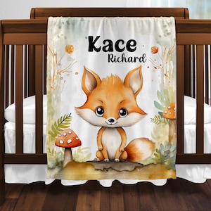 Personalized Woodland Fox Baby Blanket, Gift For Boy, Woodlands Nursery Blanket