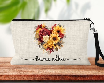 Personalized Flower Makeup Bag, Bridesmaid Gifts Cosmetic Bag, Sunflowers And Roses Bag, Best Friend Canvas Linen Make-up Bag Handle