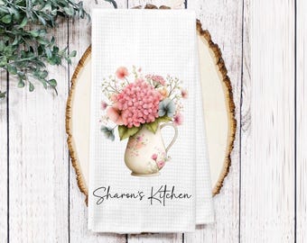 Personalized Cottage Bouquet Dish Towel - Flowers in Jar Waffle Tea Towel Kitchen