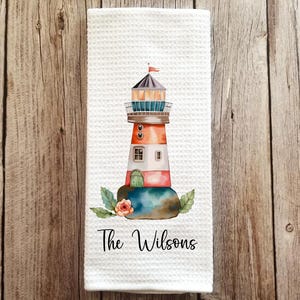 Personalized Lighthouse Tea Dish Towel - Watercolor Beach House Tea Towel Kitchen Décor - Housewarming Farm Decorations house Towel Gift