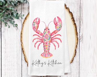 Lobster Floral Personalized Kitchen dish Towel - Beach House Tea Towel Kitchen Decor