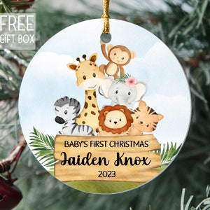 Baby's First Christmas Safari Animals Personalized Ornament, Watercolor Unisex Elephant Kids Gift Ornament, Merry Christmas Any Name Year