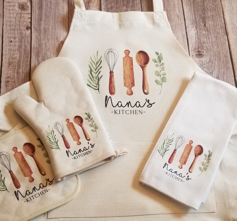 Personalized Linen Apron Set, Utensils Custom Oven Mitt Tea Towel Apron Gift Set Personalized Gifts for Mom, Mimi's Kitchen image 9