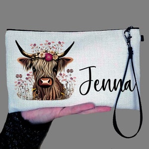 Highland Cow Wildflowers Personalized Makeup Bag, Best Friend Cow Gifts Cosmetic Bag, Toiletry Bag, Device Bag, Wedding Make-up Bag Handle