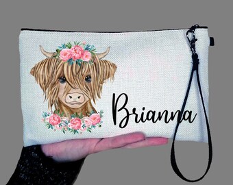 Floral Highland Cow Personalized Linen Makeup Bag