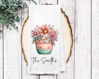 Personalized Flower Pot Kitchen Towel – Cottage Flowers Waffle Weave Tea Towel