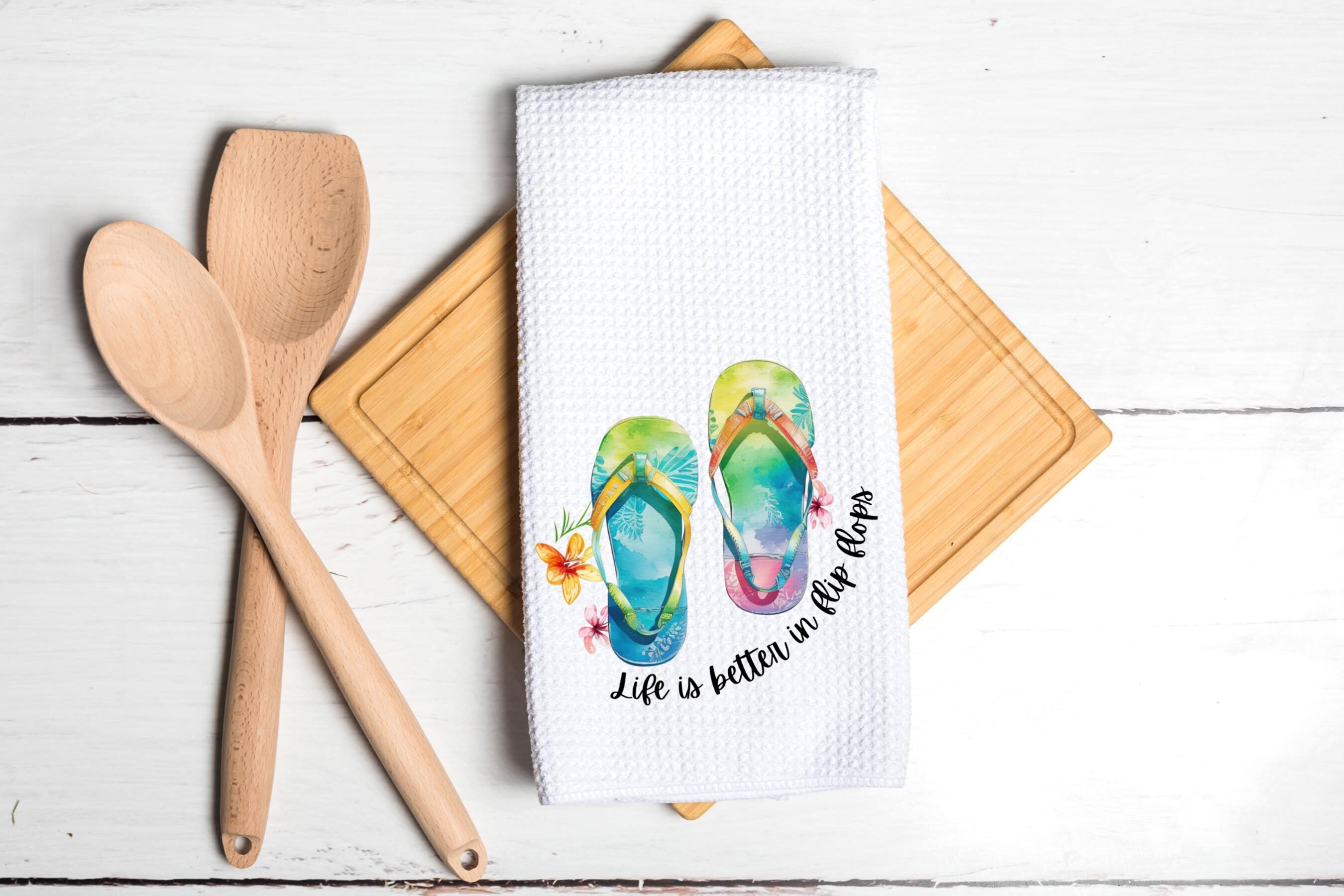 Beach House Life is Better in Flip Flops Kitchen Dish Towel Hibiscus Tea Towel Kitchen Decor New Home Gift Etsy