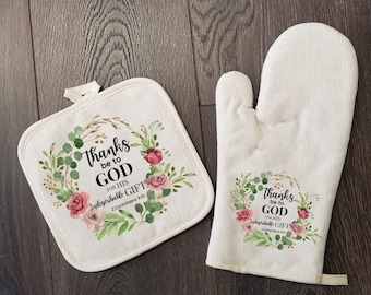 Thanks Be To God Bible Verse Oven Mitt & Pot Holder Set, Floral Christian Gift Set, Gifts for Mom, Gift for Aunt, Hostess Gift