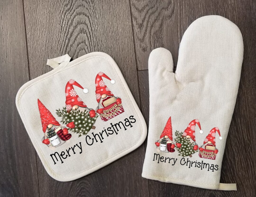 Merry Christmas Gnomes Oven Mitt & Pot Holder Set, Gnome Christmas Oven