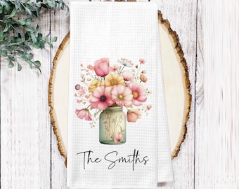 Personalized Floral Jar Dish Towel – Spring Cottage Wildflowers Kitchen Tea Towel