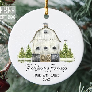 Country Barn Farm Tree Old Truck Ornament, Winter Barn Personalized Ornament, Merry Christmas Any Name Year