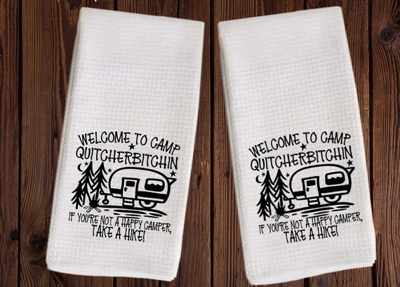Gnome Camping Personalized Camp Dish Towel - Tea Towel Camper Kitchen Decor  - Camping RV Travel Trailer Kitchen Towel