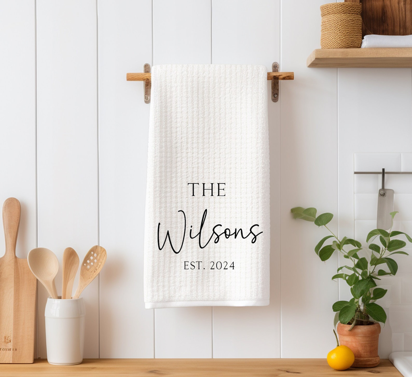 Personalized Last Name Waffle Weave Kitchen Towel, Housewarming Gift - One towel
