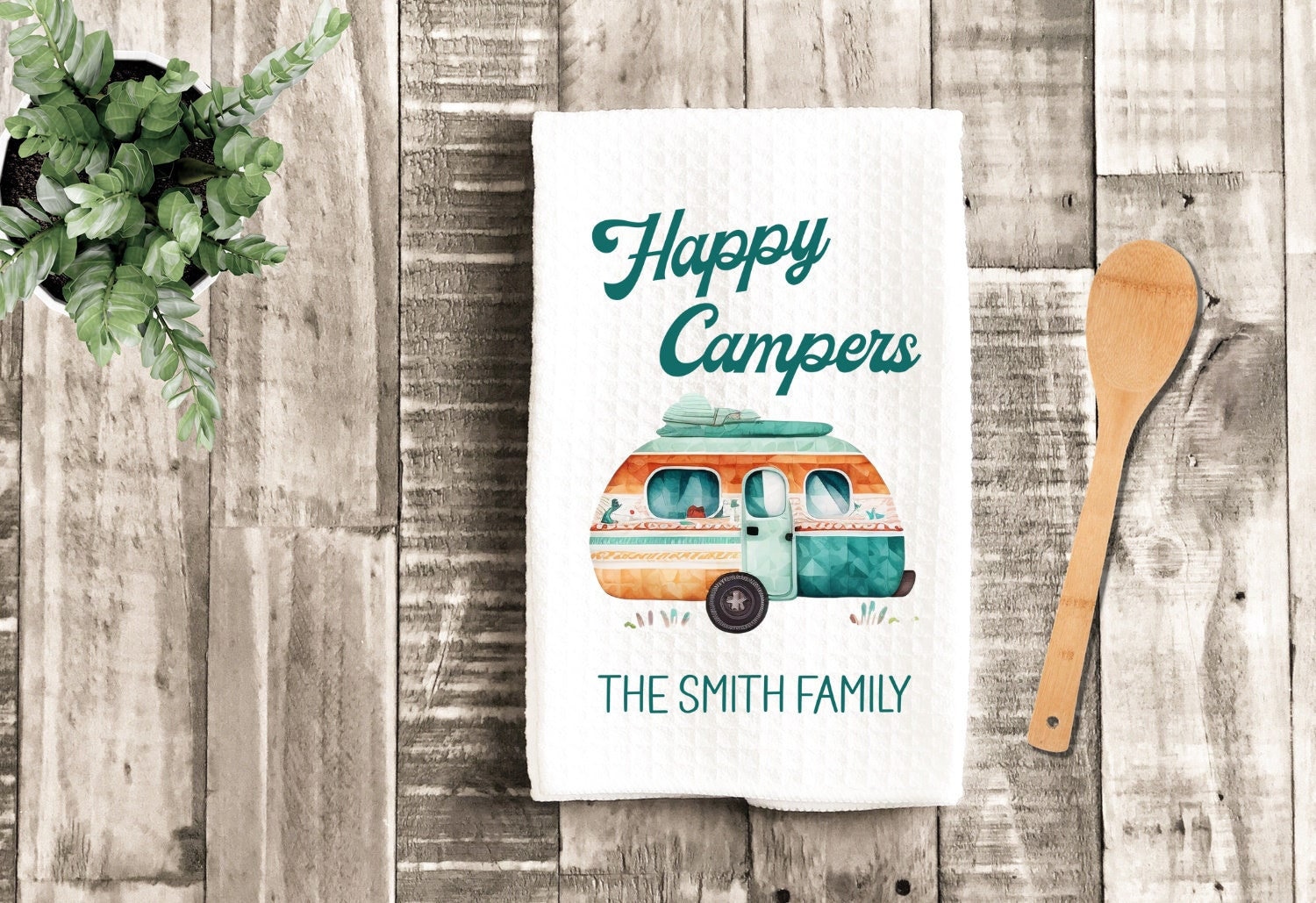 Happy Campers Watercolor Camp Dish Towel - Personalized Tea Towel Camper Kitchen Decor  - Camping RV Travel Trailer Kitchen Towel