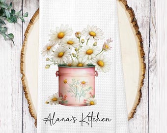 Personalized Daisies Kitchen Towel – Cottage Flowers Waffle Weave Tea Towel