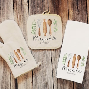 Personalized Linen Baking Set, Utensils Custom Oven Mitt Tea Towel Gift Set Personalized Gifts for Mom, Mimi's Kitchen, Hostess Gift
