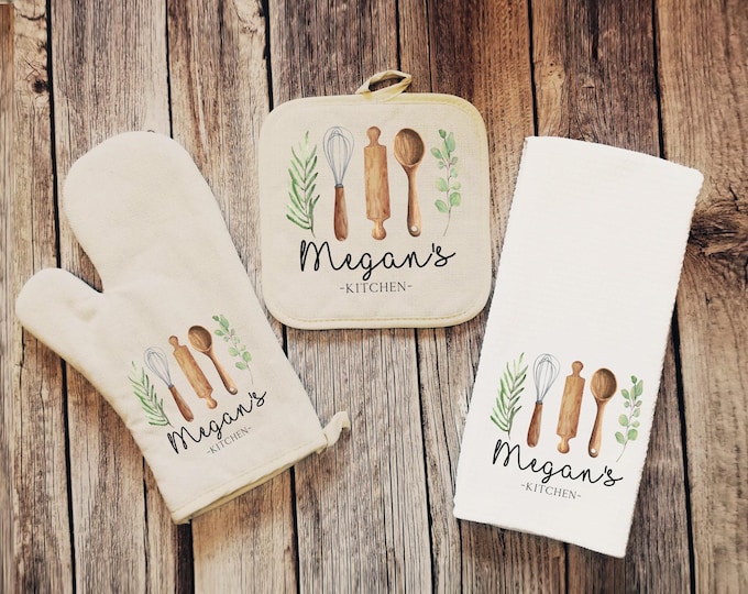 Personalized Linen Baking Set, Oven Mitt, Tea Towel, Hostess Gift