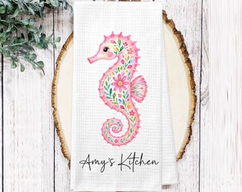 Sea Horse Floral Personalized Kitchen dish Towel - Beach House Tea Towel Kitchen Decor