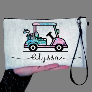 Personalized Golf Makeup Bag, Tropical Print Golf Cart Custom Cosmetic Bag, Toiletry Bag, Device Or Make-up Bag With Handle