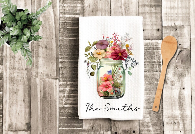 Personalized Dish Towel Spring Flowers in Jar Tea Towel Kitchen New Home Gift, Housewarming Farm Decorations house Decor Towel image 1