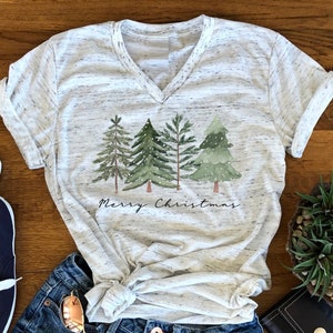 Merry Christmas Winter Trees Christmas Tree Unisex V Neck T-Shirt