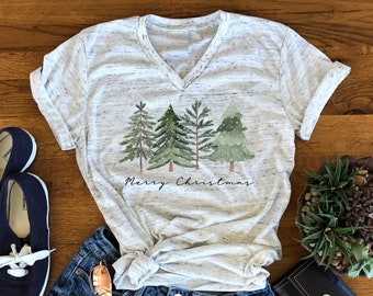 Merry Christmas Winter Trees Christmas Tree Unisex V Neck T-Shirt
