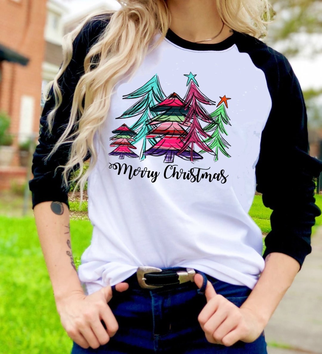 Serape Print Christmas Trees T-shirt Raglan Shirt Novelty Graphic Tee T ...