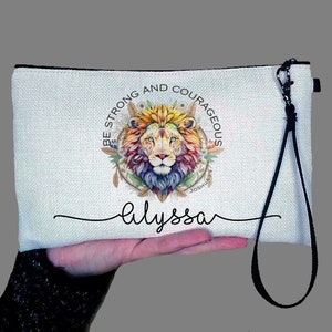 Personalized Be Strong Bible Verse Makeup Bag Gift, Best Friend Cosmetic Bag, Toiletry Bag, Device Bag, Christian Linen Make-up Bag Handle
