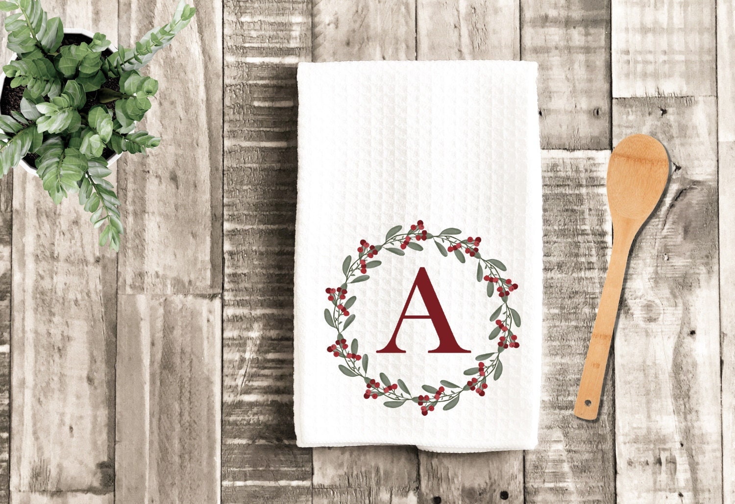 Navy Buffalo Plaid Kitchen Towel, Laurel Wreath Personalized Dish