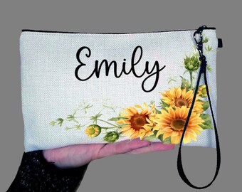 Personalized Sunflowers Bridesmaid Makeup Bag Gifts, Best Friend Cosmetic Bag, Toiletry Bag, Device Bag, Wedding Make-up Bag With Handle