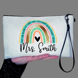 Personalized Rainbow Teacher Pencil Bag, Office Worker Cosmetic Bag, Toiletry Bag, Device Bag, Custom Linen Make-up Bag With Handle