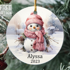 Personalized Pink Snowman Ornament, Watercolor Kids Gift Ornament, Merry Christmas Any Name Year