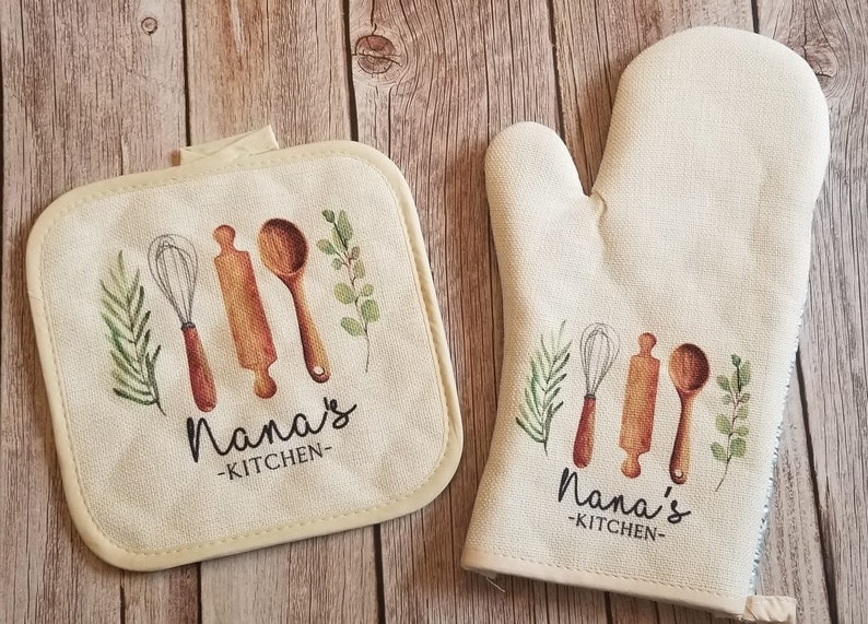 Personalized Linen Apron Set, Utensils Custom Oven Mitt Tea Towel Apron Gift Set Personalized Gifts for Mom, Mimi's Kitchen image 2