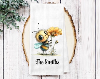 Personalized Whimsical Bee Kitchen Towel – Bumble Bees Flowers Waffle Weave Tea Towel