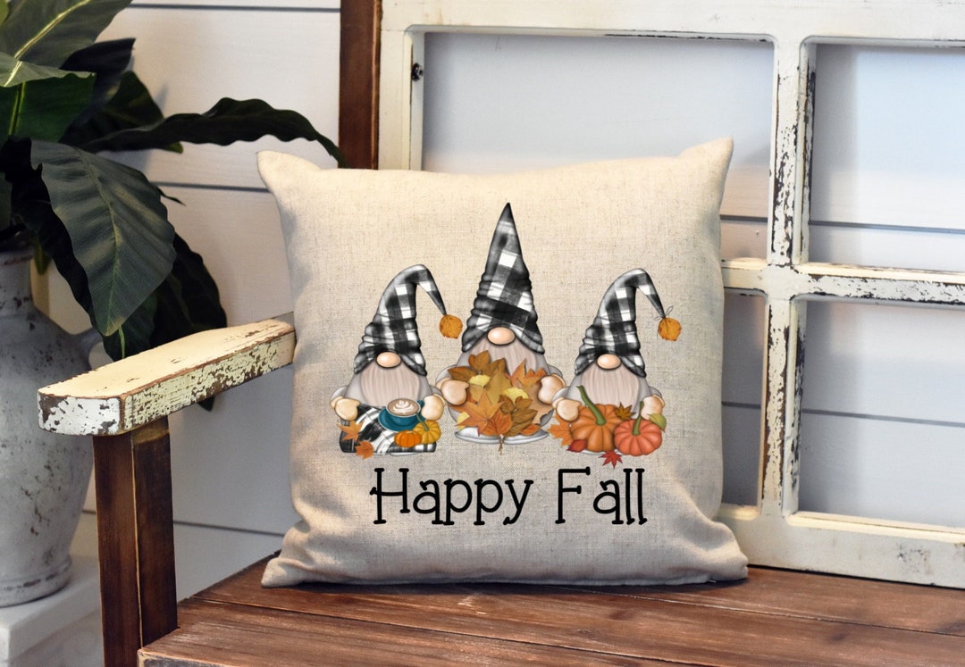 Happy Fall Gnome Pillow Cover Cute Plaid Gnomes Thanksgiving Fall Farm
