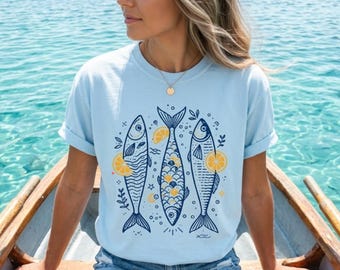 Preppy Sardine Comfort Colors T-shirt, Beach Summer Vacation Tee
