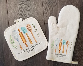 Personalized Oven Mitt & Pot Holder Set, Grandma Gift Set Hand Drawn Whisk Spoon Oven Mitts, Gifts for Mom, Camping RV